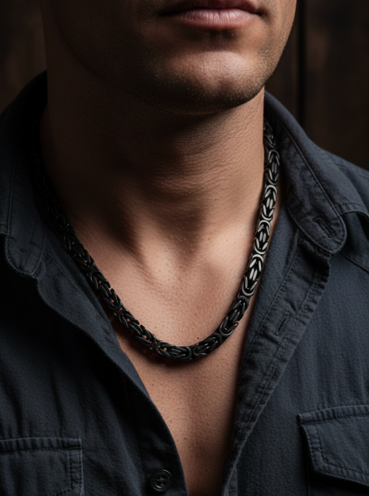 8mm Black Byzantine Link Chain Men's Necklace Stainless Steel CH36