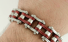 Load image into Gallery viewer, Biker Jewelry Men's Motorcycle Bike Chain Bracelet Stainless Steel Silver/Red Double Link SB1230