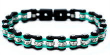 Load image into Gallery viewer, Heavy Metal Jewelry Women's Motorcycle Bike Chain Bracelet Stainless Steel Black & Turquoise SB148