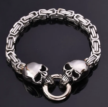 Load image into Gallery viewer, Stainless Steel Unisex Byzantine Dual Skull Biker Bracelet SB224