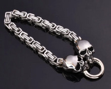 Load image into Gallery viewer, Stainless Steel Unisex Byzantine Dual Skull Biker Bracelet SB224