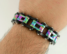 Load image into Gallery viewer, Jewelry Men's Motorcycle Bike Chain Biker Bracelet Stainless Steel Black & Iridescent Double Link SB235