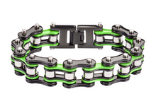 Load image into Gallery viewer, Biker Jewelry Men's Motorcycle Bike Chain Biker Bracelet Stainless Steel Black & Electric Green Double Link SB46