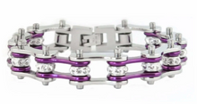 Load image into Gallery viewer, Biker Jewelry Ladies Motorcycle Bike Chain Stainless Steel Bracelet Silver & Candy Purple SB54