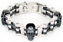 Load image into Gallery viewer, Skull Jewelry Men's Motorcycle Bike Chain Bracelet Stainless Steel Silver & Black Skulls SB73