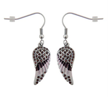 Load image into Gallery viewer, Biker Jewelry Ladies Bling Purple Wings French Wire Mini Earrings Stainless Steel SE10