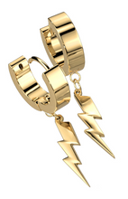 Load image into Gallery viewer, Biker Jewelry Stainless Steel Hinged Hoop Dangling Lightning Bolt Earrings Gold tone  SE11G
