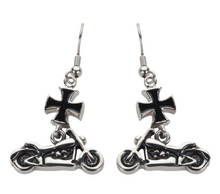 Load image into Gallery viewer, Ladies Motorcycle & Black Iron Cross French Wire Earrings Stainless Steel