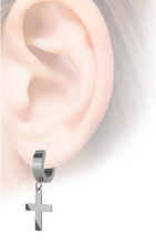 Load image into Gallery viewer, Biker Jewelry Stainless Steel Hinged Hoop Dangling Religious Cross Earrings Black SE5B