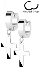 Load image into Gallery viewer, Biker Jewelry Stainless Steel Hinged Hoop Dangling Religious Cross Earrings Silver SE5S
