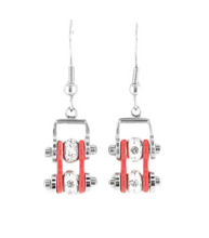 Load image into Gallery viewer, Biker Jewelry Ladies Motorcycle Mini Bike Chain Earrings Stainless Steel Chrome & Red SE50