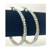 Load image into Gallery viewer, Biker Jewelry Ladies Iridescent / Rainbow Bling 30 or 40mm Hoop Earrings Stainless Steel SE56