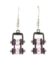 Load image into Gallery viewer, Biker Jewelry Ladies Motorcycle Bike Chain Earrings Stainless Steel Black & Candy Purple SE58