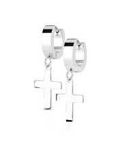 Load image into Gallery viewer, Biker Jewelry Stainless Steel Hinged Hoop Dangling Religious Cross Earrings Silver SE5S