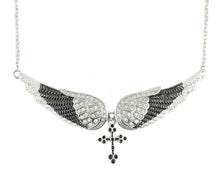 Load image into Gallery viewer, Biker Jewelry Ladies Large Black Bling Angel Wing Cross Pendant Necklace Stainless Steel SP42
