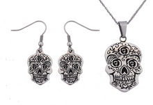 Load image into Gallery viewer, Biker Jewelry's Ladies Sugar Skull Pendant Stainless Steel Matching Earrings Set & Necklace SP74S