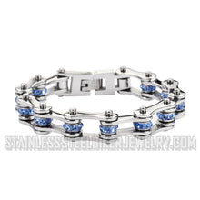 Load image into Gallery viewer, Heavy Metal Jewelry Ladies Motorcycle Bike Chain Stainless Steel Bracelet Silver/Blue Crystals SB1205