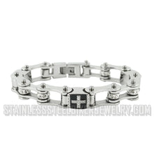 Load image into Gallery viewer, Heavy Metal Jewelry Ladies Bike Chain Stainless Steel Bracelet Silver Links Enamel Cross SB2279