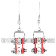 Load image into Gallery viewer, Biker Jewelry Ladies Motorcycle Mini Bike Chain Earrings Stainless Steel Chrome & Red SE50
