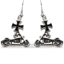 Load image into Gallery viewer, Ladies Motorcycle & Black Iron Cross French Wire Earrings Stainless Steel