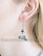 Load image into Gallery viewer, Ladies Motorcycle & Black Iron Cross French Wire Earrings Stainless Steel