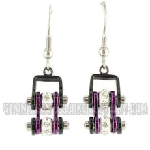 Load image into Gallery viewer, Biker Jewelry Ladies Motorcycle Bike Chain Earrings Stainless Steel Black & Candy Purple SE58