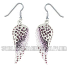 Load image into Gallery viewer, Biker Jewelry Ladies Bling Purple Wings French Wire Earrings Stainless Steel SE68