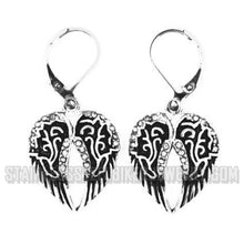Load image into Gallery viewer, Biker Jewelry Ladies Bling Wings Antiqued Lever Back Stainless-Steel Earrings SE14