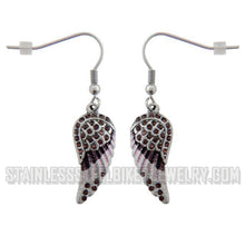 Load image into Gallery viewer, Biker Jewelry Ladies Bling Purple Wings French Wire Mini Earrings Stainless Steel SE10
