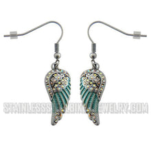 Load image into Gallery viewer, Biker Jewelry Ladies Bling Turquoise Wings French Wire Earrings Stainless Steel SE84
