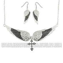 Load image into Gallery viewer, Heavy Metal Jewelry Ladies Black Bling Angel Wing Cross Pendant Necklace/Earrin/g Set Stainless Stee SP2242C