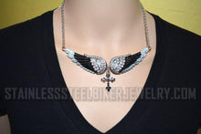 Load image into Gallery viewer, Heavy Metal Jewelry Ladies Black Bling Angel Wing Cross Pendant Necklace/Earrin/g Set Stainless Stee SP2242C