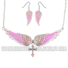 Load image into Gallery viewer, Heavy Metal Jewelry Ladies Pink Bling Angel Wing Cross Pendant Necklace/Earring Set Stainless Steel SP2245C