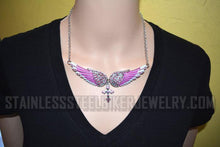 Load image into Gallery viewer, Heavy Metal Jewelry Ladies Pink Bling Angel Wing Cross Pendant Necklace/Earring Set Stainless Steel SP2245C