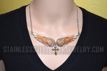 Load image into Gallery viewer, Heavy Metal Jewelry Ladies Orange Bling Angel Wing Cross Pendant Necklace/Earring Set Stainless Steel SP2246C