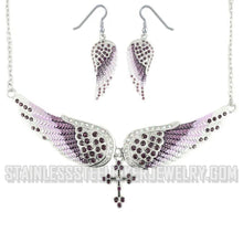 Load image into Gallery viewer, Heavy Metal Jewelry Ladies Purple Bling Angel Wing Cross Pendant Necklace/Earring Set Stainless Steel SP2251C