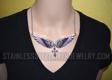 Load image into Gallery viewer, Heavy Metal Jewelry Ladies Purple Bling Angel Wing Cross Pendant Necklace/Earring Set Stainless Steel SP2251C