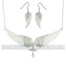 Load image into Gallery viewer, Heavy Metal Jewelry Ladies White Bling Angel Wing Cross Pendant Necklace/Earring Set Stainless Steel SP2253C