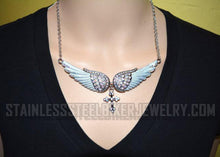 Load image into Gallery viewer, Heavy Metal Jewelry Ladies White Bling Angel Wing Cross Pendant Necklace/Earring Set Stainless Steel SP2253C