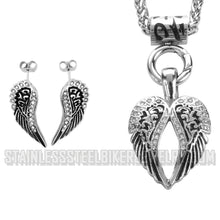 Load image into Gallery viewer, Heavy Metal Jewelry Ladies Angel Wing Heart Pendant Necklace Matching Earrings Set Stainless Steel SP2280