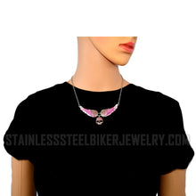 Load image into Gallery viewer, Heavy Metal Jewelry Ladies Pink Bling Angel Wing Willie G Skull Pendant Necklace Stainless Steel SP2308