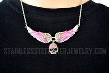 Load image into Gallery viewer, Heavy Metal Jewelry Ladies Pink Bling Angel Wing Willie G Skull Pendant Necklace Stainless Steel SP2308