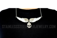 Load image into Gallery viewer, Heavy Metal Jewelry Ladies White Bling Angel Wing Willie G Skull Large Pendant Necklace Stainless Steel SP2311