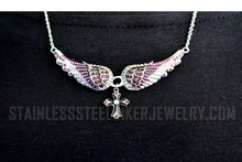 Load image into Gallery viewer, Heavy Metal Jewelry Ladies Purple Bling Angel Wing Filigree Cross Pendant Necklace Stainless Steel SP2321