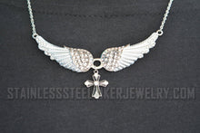 Load image into Gallery viewer, Heavy Metal Jewelry Ladies White Bling Angel Wing Filigree Cross Pendant Necklace Stainless Steel SP2324