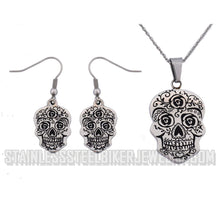 Load image into Gallery viewer, Biker Jewelry's Ladies Sugar Skull Pendant Stainless Steel Matching Earrings Set & Necklace SP74S