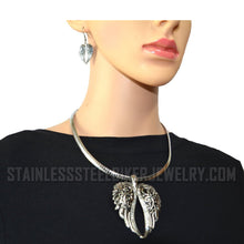 Load image into Gallery viewer, Heavy Metal Jewelry Ladies Large Angel Wing Pendant Omega Chain Stainless Steel Matching Earring Set SP2550