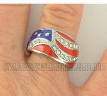 Load image into Gallery viewer, "USA" American Flag Bling Ring Lady Biker Stainless Steel Ring SR4