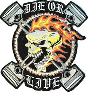 FLAMING SKULL & PISTONS DIE OR LIVE MOTORCYCLE BIKER LARGE VEST PATCH   image 1