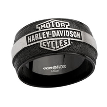 Load image into Gallery viewer, Harley-Davidson Biker Design Stainless Steel Wedding Band - Black &amp; Silver Comfort Fit Band Mod Jewelry®  Available in Sizes 10-15 HSR0048 image 1